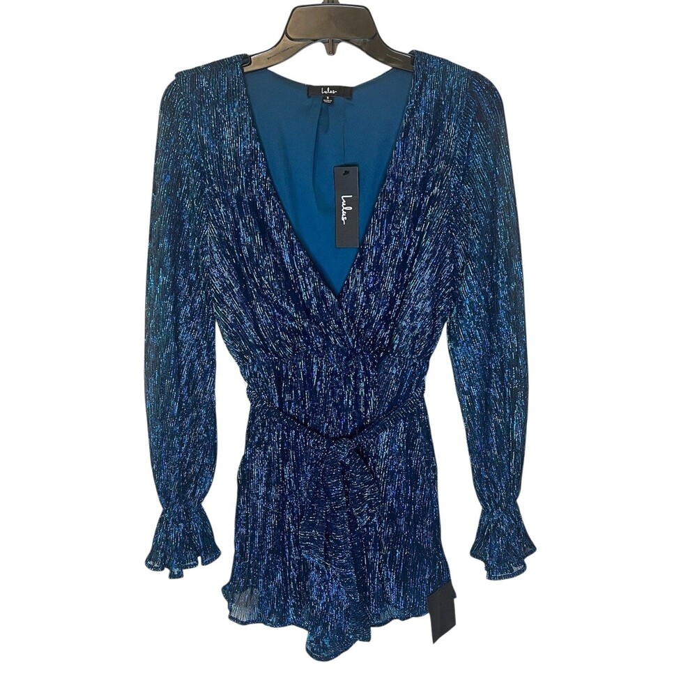 LULUS Wow Factor Blue Metallic Surplice Romper Long Sleeve Fancy Shimmer S NWT - Picture 1 of 5
